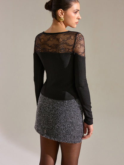 Lace Panel Ribbed Knit T-Shirt