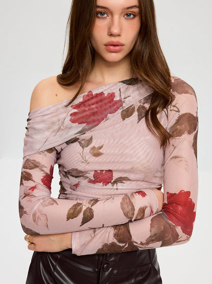 Floral Print Off-Shoulder Mesh T-Shirt