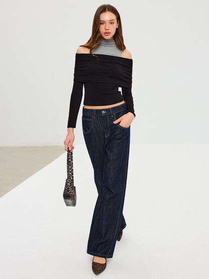 2 in 1 Contrast Panel Mock Neck Long Sleeve T-Shirt