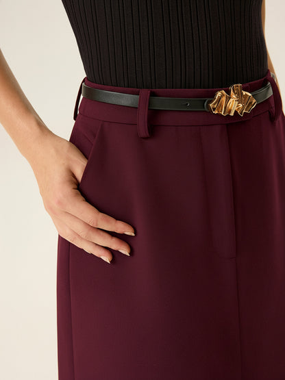 Belted Pocket Slit Midi Skirt