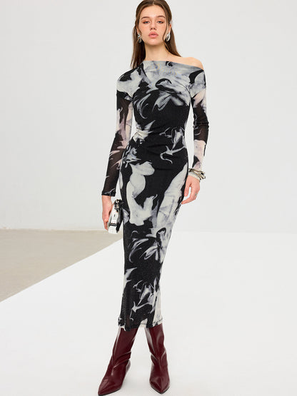 Abstract Print Mesh One-Shoulder Maxi Dress