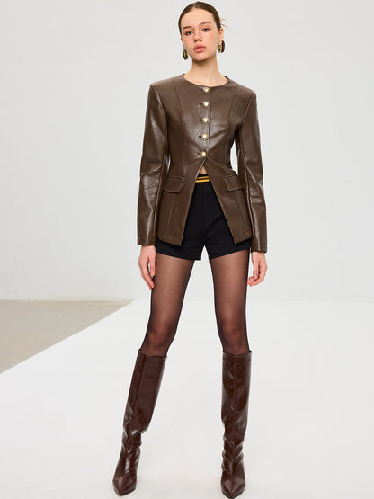 Metal Button Fitted PU Leather Jacket