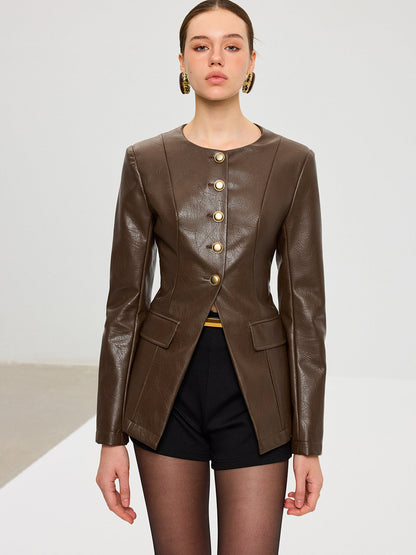Metal Button Fitted PU Leather Jacket