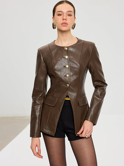 Metal Button Fitted PU Leather Jacket