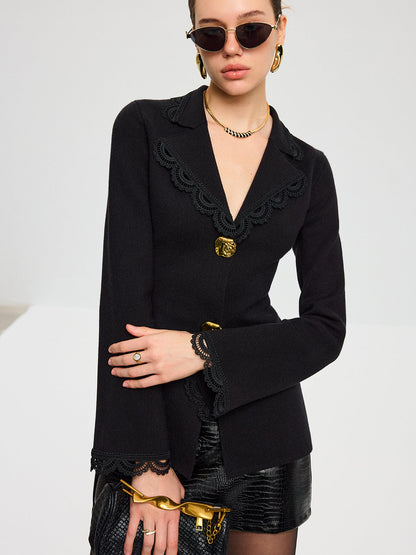 Wool Blend Lace Trim Metal Button Cardigan
