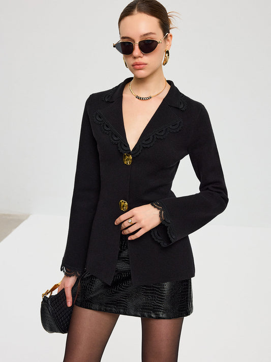 Wool Blend Lace Trim Metal Button Cardigan