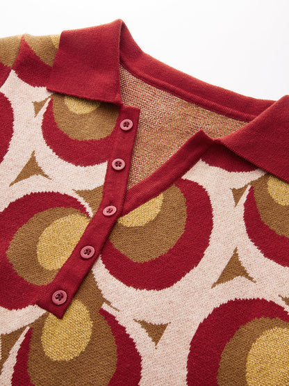 Vintage Print Polo Collar Sweater Dress