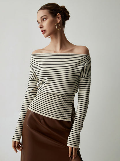 Slit Hem Off-Shoulder Striped Sweater