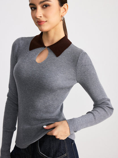 Contrast Collar Wool Blend Ribbed Knit Top