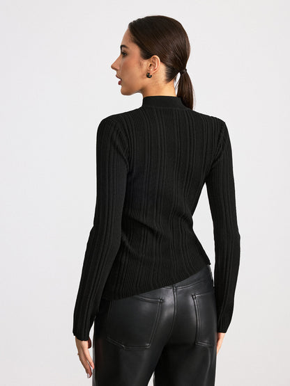 Metal Knot Detail Asymmetric Ribbed Sweater