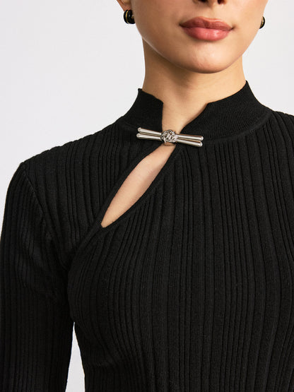 Metal Knot Detail Asymmetric Ribbed Sweater
