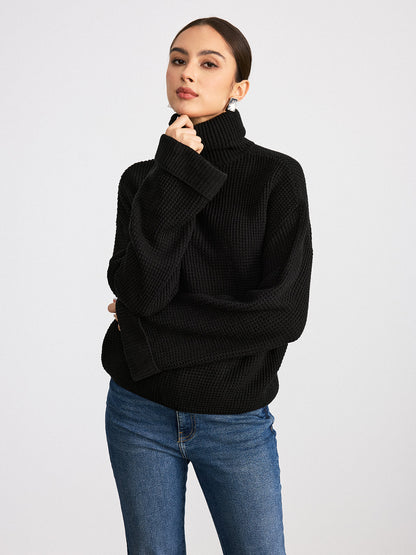 Turtleneck Waffle-Knit Flared Sleeve Sweater