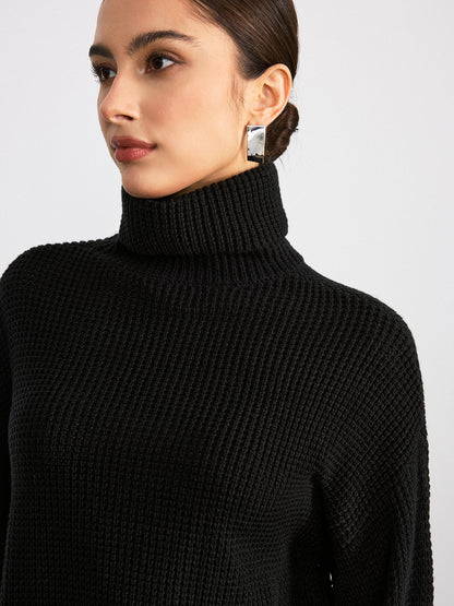 Turtleneck Waffle-Knit Flared Sleeve Sweater