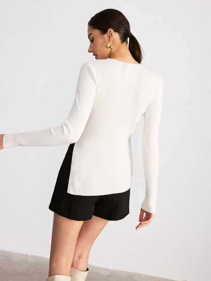 Asymmetric Slit Hem Ribbed Knit Top