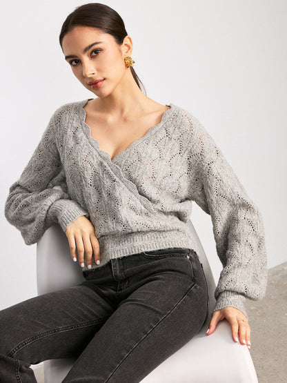 Scalloped Edge Reversible Wool Blend Sweater