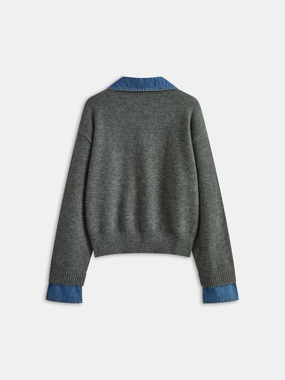 Denim Collar Knit Top