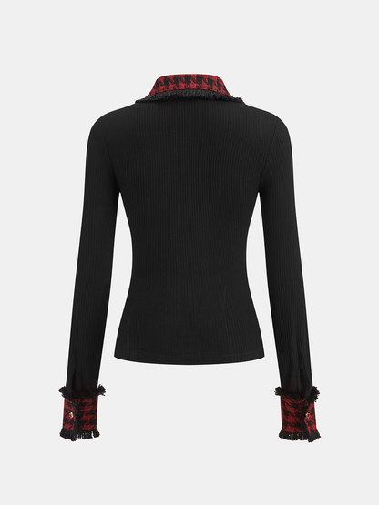 Contrast Checkered Collar Ribbed Knit Top