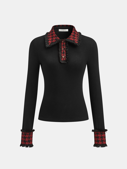 Contrast Checkered Collar Ribbed Knit Top