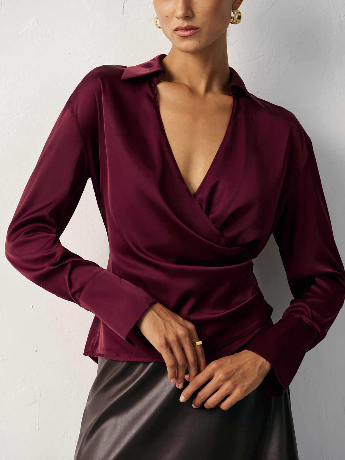 Wrap V-Neck Satin Shirt