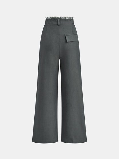 High-Waist Lace Trim Wide-Leg Pants