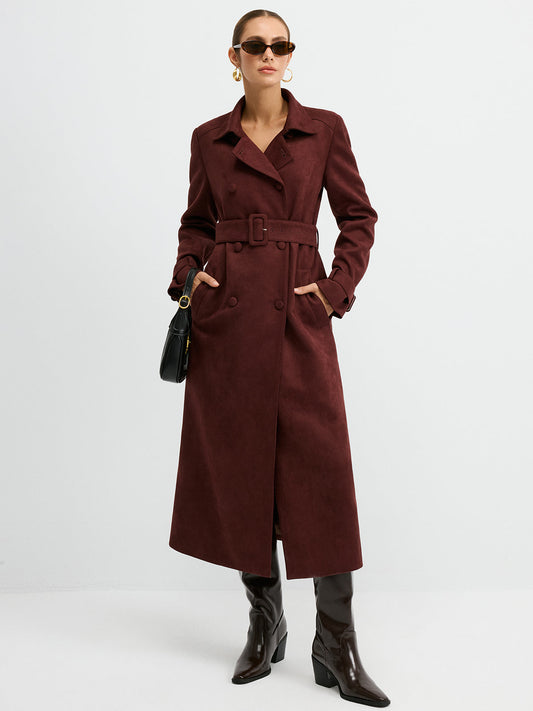 Suede Double-Breasted Long Trench Coat