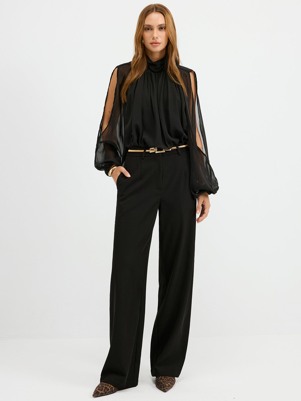 Sheer Chiffon Mock Neck Backless Blouse