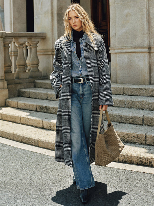 Belted Plaid Tweed Long Coat