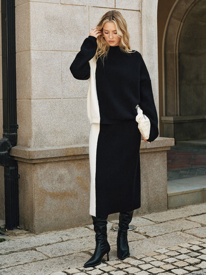 Color-Block Knit Sweater and Midi Skirt Set