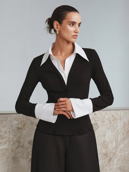 Mock Two-Piece Long-Sleeve Two Tone Polo Top