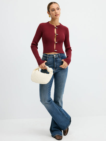 Metal Button Ribbed Fitted Sweater