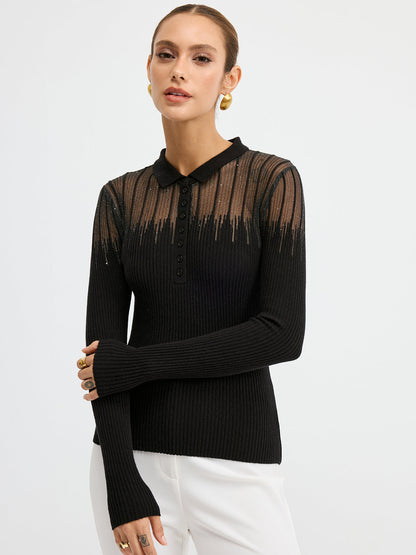 Glitter Detail Sheer Panel  Polo Knit Top
