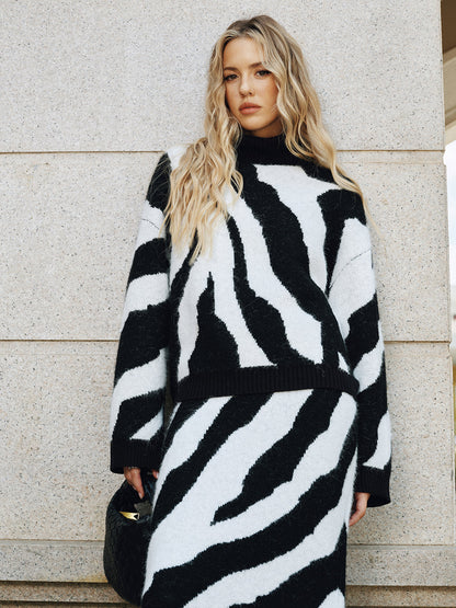 Zebra Print Turtleneck Wool Blend Sweater
