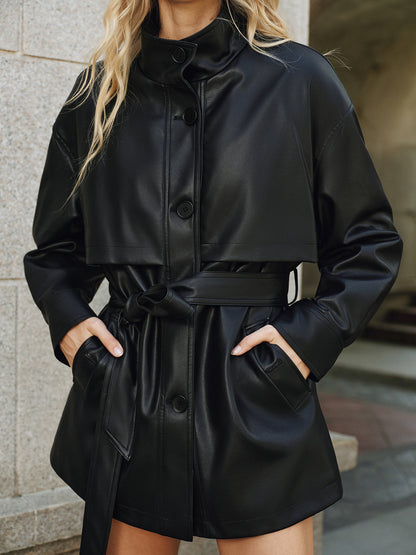 Stand Collar Belted PU Leather Quilted Jacket