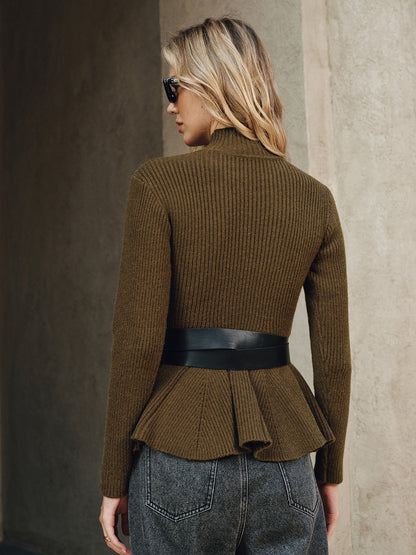 Belted Peplum Turtleneck Knit Top