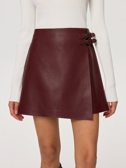 PU Leather Asymmetric Skirt with Double-Belt Detail