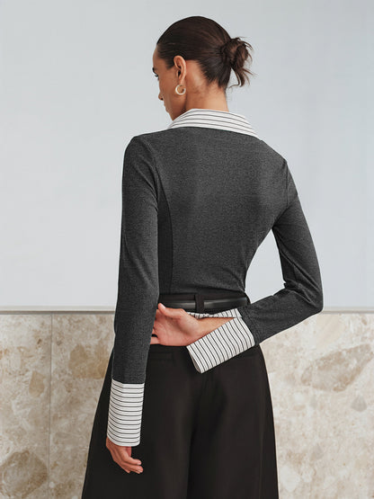 Mock Two-Piece Long-Sleeve Two Tone Polo Top