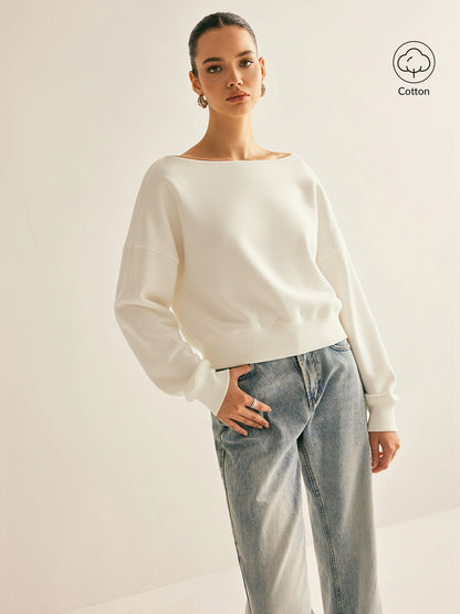 Off-Shoulder Cropped Fleece-Lined Sweatshirt