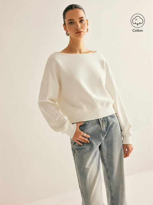 Off-Shoulder Cropped Fleece-Lined Sweatshirt