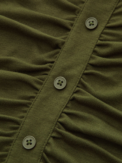 Turtleneck Ruched Decor Button Knit Top