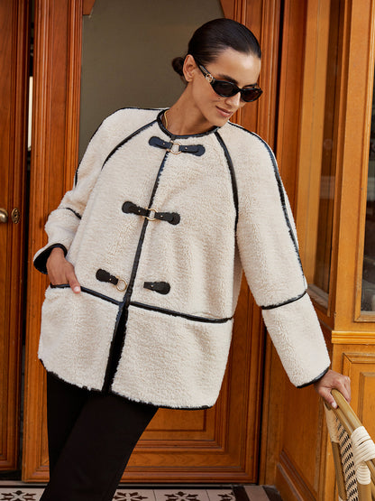 Buckle Detail Contrast Trim Faux Fur Coat
