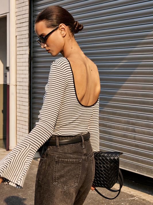 Flared Cuff Backless Striped Bodysuit