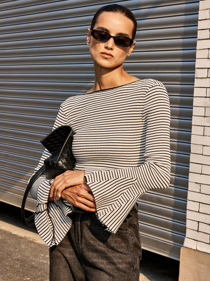 Flared Cuff Backless Striped Bodysuit