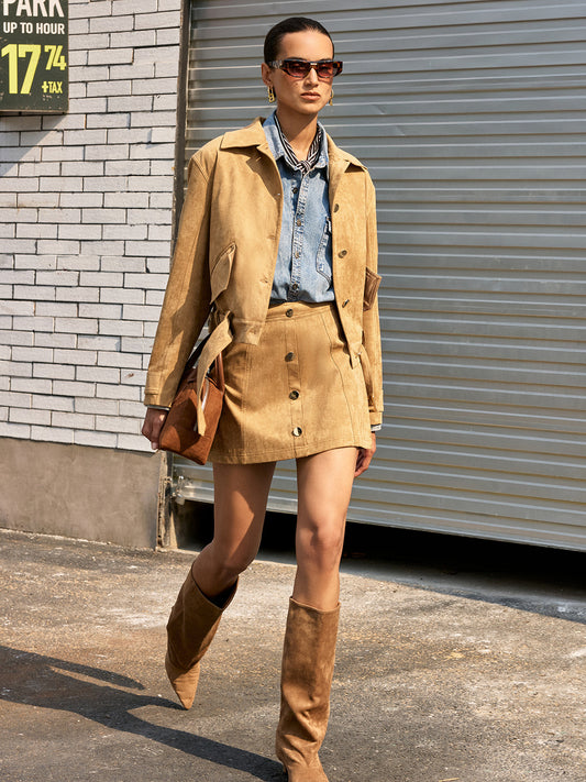 Belted Collared Suede Jacket