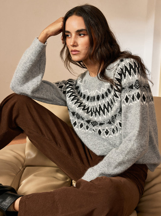 Fair Isle Pattern Rabbit Hair Blend Sweater