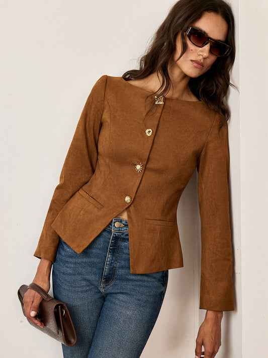 Suede Fitted Metal Button Jacket