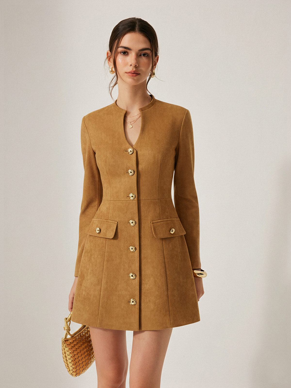 Metal Button Suede Keyhole-Neck Mini Dress