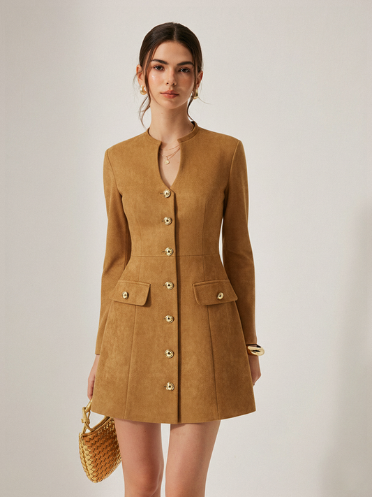 Metal Button Suede Keyhole-Neck Mini Dress