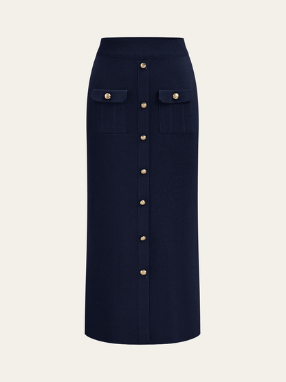 Metal Button Collared Cardigan and Midi Skirt Set