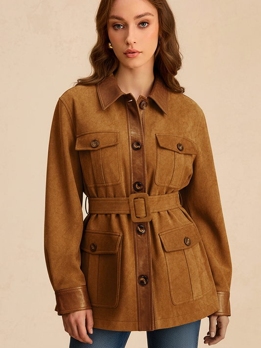 Faux Leather Panel Belted Suede Jacket