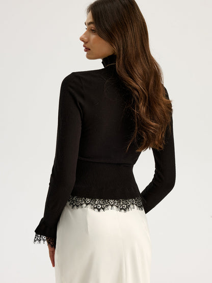 Lace Trim Mock Neck Knit Top